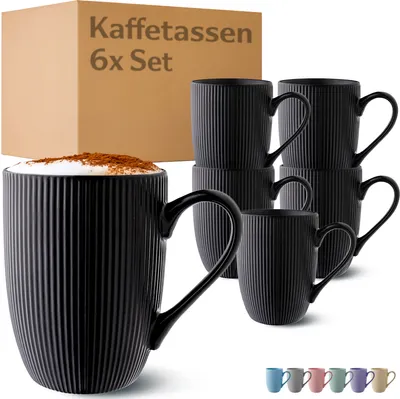 Produktbild von Cosumy Kaffeetassen 6er Set Modern Schwarz - Einzigartiges Streifenmuster - Matt Keramik - Mikrowellenfest - Spülmaschinenfest & Komfortabler Griff