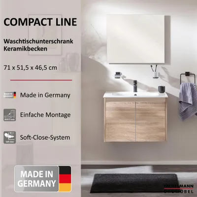 Produktbild von FACKELMANN COMPACT LINE Waschbecken mit Unterschrank 71 cm, Braun  Perfekte Kombination aus Stil und Funktionalität für Dein Bad