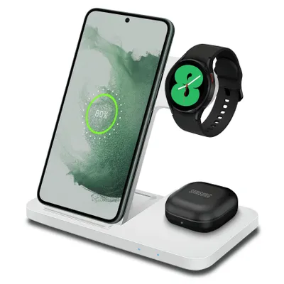 Productafbeelding van CHEROY 3-in-1 Draadloze Oplader - 15W Snellader - Qi Oplaadstation - Geschikt voor Samsung Galaxy Watch - Smartphones & Oortjes - Android - Wit