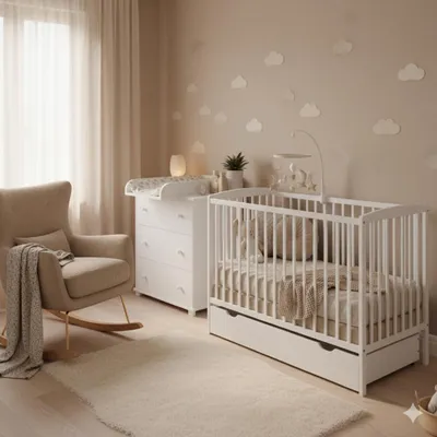 A nursery room with a crib, changing table, and rocking chair.