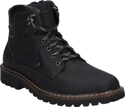 A black leather boot on a white background.