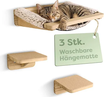 A cat sleeping on a wall-mounted cat hammock, with two additional wall-mounted cat steps shown below, and a tag with product information.