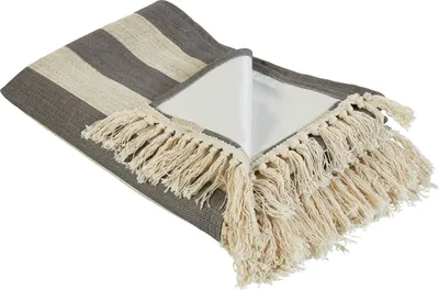 Produktbild von BELIANI Picknickdecke Beige u. Grau aus Polyester 200 x 200 cm mit Isolierung Wasserdicht Fransen Muster Boho Stil Modernes Design