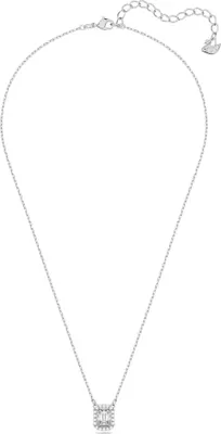 A close-up studio shot of a silver necklace with a square pendant.