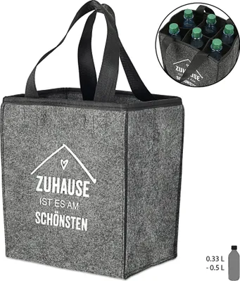 Produktbild von Flaschenträger aus Filz für 6 Flaschen mit Spruch 'Zuhause ist es am schönsten' hellgrau Flaschenkorb Tragetasche Männerhandtasche