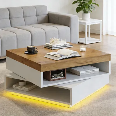 Zdjęcie produktu dla Stolik kawowy Merax z możliwością obrotu o 360° i oświetleniem LED, kwadratowy stolik pod sofę z otwartą półką, stolik pomocniczy do salonu wykonany z płyty MDF, biały + drewno