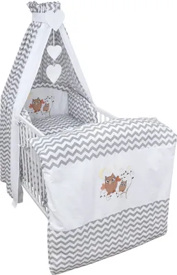 Produktbild von Baby Delux Baby Bettwäsche Bettset 4-tlg Bettausstattung Nestchen Vollstoffhimmel Eule Motiv Zick Zack