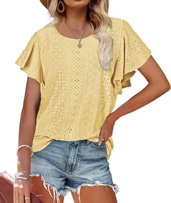 Produktbild von ASKSA Damen T-Shirt Rüschenärmel Bluse Aushöhlen Tops Casual Rundhals Loose Shirts, Gelb, M