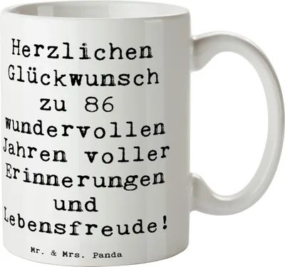 Produktbild von Mr. & Mrs. Panda Kaffeetasse Spruch 86. Geburtstag - Weiß - Geschenk, Erinnerungen, Kaffeebecher, Tasse mit, Pott, 86 Jahre, Alter, Happy Birthday, Teetasse, Becher