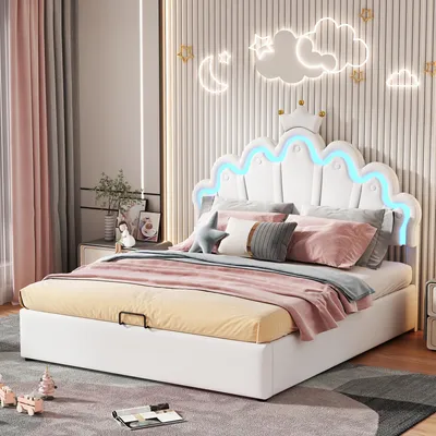 Imagen del producto de Cama tapizada Zerbaco, tamaño matrimonial, 140x200 cm, con cajón hidráulico, iluminación LED, color blanco, sin colchón