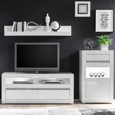 Produktbild von Media Wohnwand COGO-61 in weiß Hochglanz mit Hifi-Rack, Wandregal und Kommode inkl. LED BxHxT: 231x162x42cm