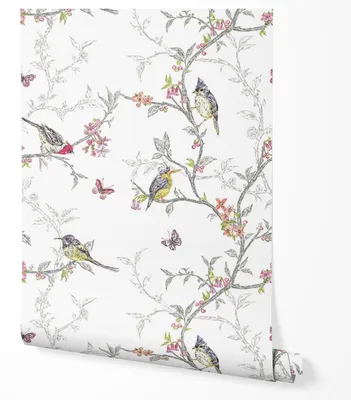 Produktbild von Selbstklebende Tapete Möbelfolie Vögel Blumen Zweige Vintage Tapete Natur Muster Wohnzimmer Schlafzimmer Flur Küche Romantische Wanddeko 2,5m x 0,5m