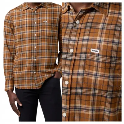 Immagine prodotto di Wrangler | Camicia da uomo, confezione singola, motivo a quadri marrone, cotone, vestibilità regular, maniche lunghe, taglia M