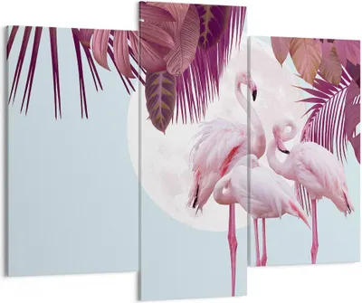 Produktbild von Bild auf Leinwand - Leinwandbild - 3 Teile - Flamingos Palmen Mond - 130x100cm - Wand Bild - Wanddeko - Wandbilder - Leinwanddruck - Bilder - Wanddekoration - Leinwand bilder - CB130x100-4598