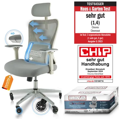 Produktbild von CLOUVOU CleverSeat Bürostuhl, Schreibtischstuhl, ergonomisch, Chefsessel für Arbeitszimmer, 4D Chrom-Metallarmlehne, Blade Wheels, Ergonomic Chair