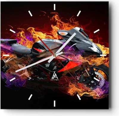 Produktbild von Wanduhr - Quadrat - Glasuhr - Motorrad Feuer Abstraktion - 30x30cm - Schleichendes Uhrwerk - Lautlos - zum Aufhängen bereit - Dekoration Modern - Wanddekoration aus Glas - C3AC30x30-0177