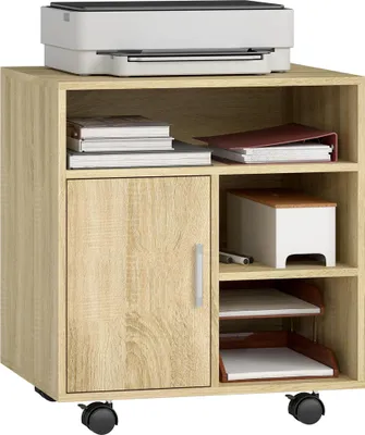 Image de Meuble pour imprimante - Support pour imprimante - Avec roulettes - Compartiments ouverts et porte - Dimensions 60 x 50 x 65,5 cm - Bois naturel