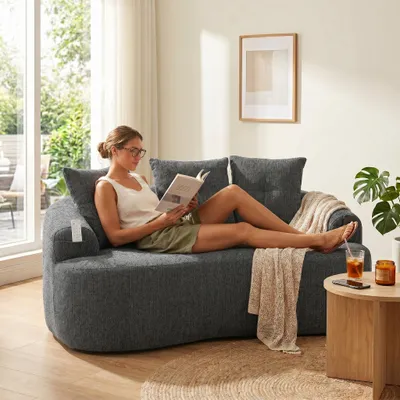 Immagine prodotto di LVHOM Divano moderno a due posti, divano imbottito in ciniglia con tasche laterali, divano curvo a terra, design organico, 164x92x60 cm, grigio