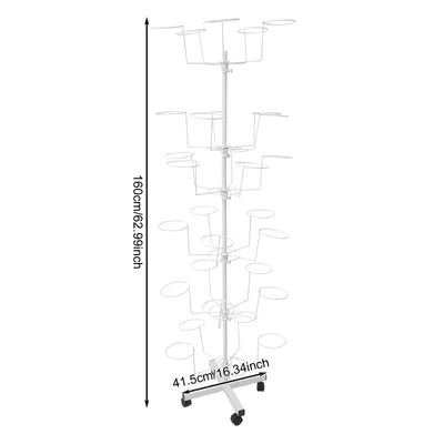 A white metal hat stand with multiple tiers and hooks, shown on a white background with dimensions indicated.