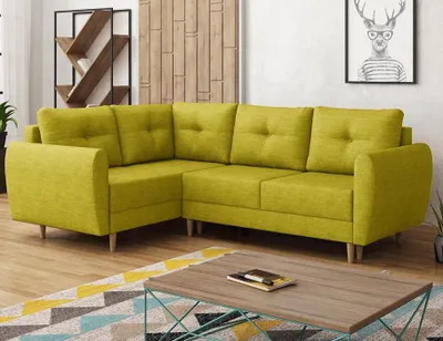 Produktbild von Easy4You Senf Ecksofa Manstad in L-Form 234x90x160 cm mit Schlaffunktion und Bettzeugbehälter - Schlafsofa mit Bettkasten und Holzfüße - Eckcouch Links mit Stauraum - Stoff: Soro 40
