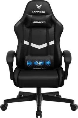 Produktbild von Gaming Stuhl Bürostuhl Massage Gaming Sessel Ergonomischer Gamer Stuhl, Kopfstütze Massage-Lendenkissen, Gepolstert Gaming Chair, Drehsessel 150KG, Schwarz