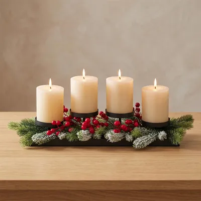 Adventskranz langgestreckt, Metall, schwarz, 42x12 cm, 4 Kerzenhalter