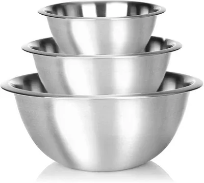 Imagen del producto de Juego de 3 cuencos de acero inoxidable de Unyqoos® para mezclar, servir y almacenar – diámetros de 17,5/22/26 cm, alturas de 7,9/10,5 cm, apilables, resistentes a la corrosión