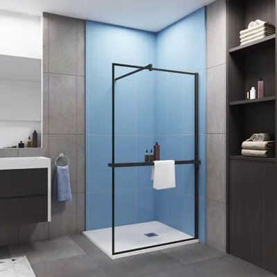 A modern bathroom with a walk-in shower.