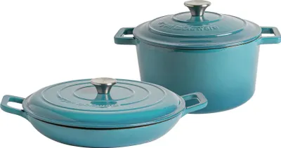 Produktbild von 2-teiliges flaches Gusseisen-Auflaufformen-Set – 2,3 l/4,5 l – Blaugrün-Ombre