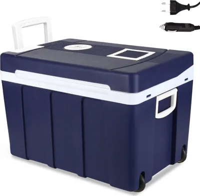 A blue electric cooler box with a white handle and trim, shown on a white background. Power adapters for wall outlets and car cigarette lighters are visible in the top right corner.