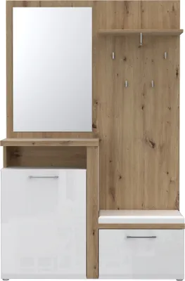 Produktbild von Kompaktgarderobe >TULUZA< Spiegel, Weiss / Artisan Eiche Nachbildung - 128,5x200,8x43,4cm (B/H/T)