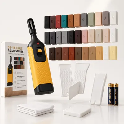 Produktbild von Reparatur Set Komplettset für Holz, Keramik, Kunststoff ReparaturKit Steinoberflächen 39-teilig 33 unterschiedliche Farbtöne Inkl Wachsschmelzer, Hobel & Schleifschwamm aller Art/Parkett