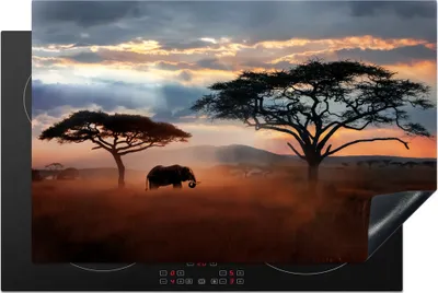 Produktbild von KitchenYeah© Herdabdeckplatte Elefant - Baum - Berg - Afrika , 80x52cm, Küche Deko, Glaskeramikkochfeld Herdabdeckung, Abdeckplatte fùr Kochfeld