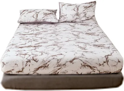 Produktbild von CANDeal 3 Pieces Brown Marble Printed King Bed Sheet Set, 1 Fitted Sheet and 2 Pillow Cases, Polyester Luxury Bedding with 35CM Deep Pockets