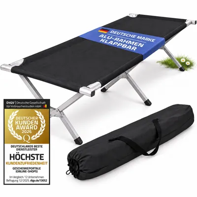 Produktbild von Premium Feldbett aus Aluminium Campingbett Schwarz Faltbar – Robustes Reisebett & Gästebett Outdoor XXL 195x65x45 cm bis 100 kg Traglast