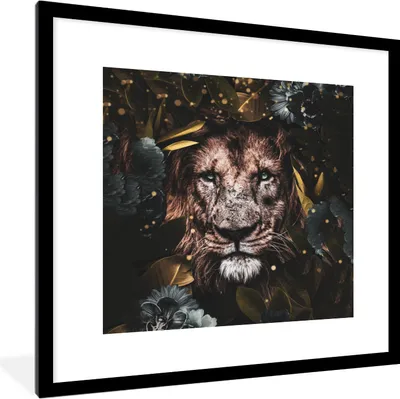 Produktbild von MuchoWow® MuchoWow® Gerahmtes Poster Löwe - Wilde Tiere - Blumen - Licht 40x40 cm - Poster mit zchwarzem Bilderrahmen - Poster - Plakat im Rahmen