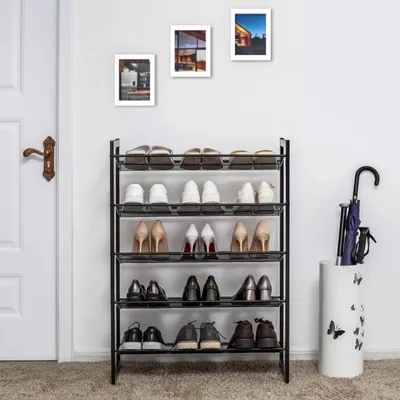 Produktbild von Schuhregal/Schuhständer - Erweiterbar - 5 Ebenen - 15–20 Paar - 74×104×30,7 cm - Metall und Stoff - Schwarz