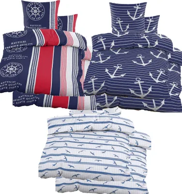 Produktbild von Doppel Pack Seersucker Bettwäsche 2x (135x200 +80x80cm), blau rot, Maritim, bügelfrei, Microfaser