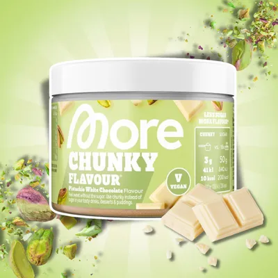 Produktbild von MORE Chunky Flavour Pistachio White Chocolate Vegan 150 g – Geschmackspulver mit Pistazienstücken und weißer Schokolade