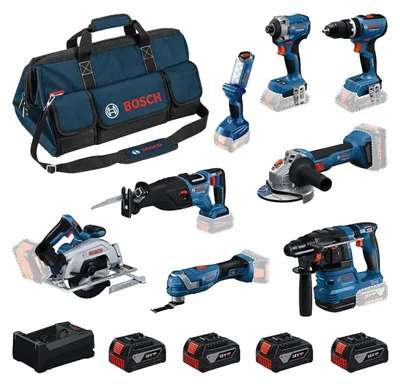 Immagine prodotto di Kit BOSCH 18V (GBH18V-22+GWS18V-8+GDR18V-215+GSB18V-65+GKS18V-57-2+GSA18V-28+GOP18V-34+GLI18V-300+4x5,0Ah+GAL12V/18V-80+borsa)