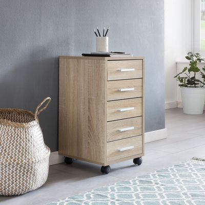 Finebuy mobilný podstavec 33 x 63 x 38 cm drevená zásuvková skrinka, kancelárska skrinka s 5 zásuvkami, kontajnerová mobilná skrinka, malý podstavec, úzky podstavec s kolieskami