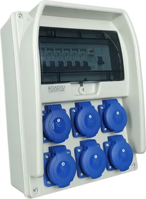 Produktbild von RoadEu -  Stromverteiler, 6x Schuko Steckdose mit Leitungsschutzschalter - Baustromverteiler mit Fi Schutzschalter und 6x Sicherungsautomat "C" 16A.