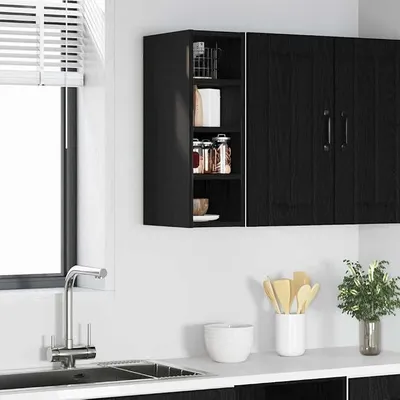 Imagen del producto de Armario de pared con estante, color negro, aspecto de roble, fabricado en material de madera, dimensiones 20 x 29,5 x 60 cm, 1 unidad. Mueble de cocina ideal para comedor y despensa, con gran capacidad de almacenamiento y estantes interiores