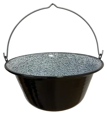 A black enamel pot with a wire handle, shown against a white background.