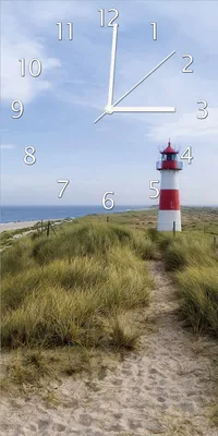 Produktbild von Wallario Design Wanduhr bedruckt, Größe 30 x 60 cm, Motiv: Am Strand von Sylt Leuchtturm auf der Düne Panorama