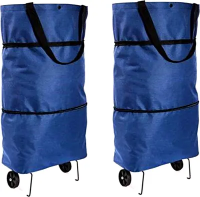 Produktbild von 2x 2in1 Einkaufstasche und Einkaufsroller Blau Klappbar Einkaufstrolley Shopping Trolley Tragetasche Einkaufswagen