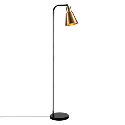 A black floor lamp with a gold shade is shown against a white background.