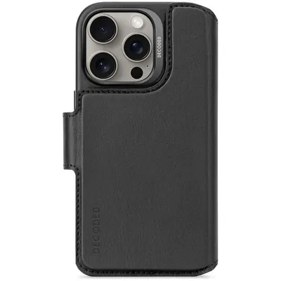 A black leather wallet case for a smartphone, shown from the front.