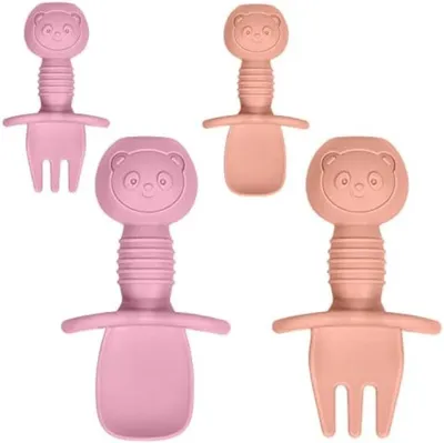 Produktbild von PolkaHome® Silikon Baby Löffel und Gabel Set, 4 Stück BPA-frei Babybesteck, weich und sicher für Babys, Kleinkinder und Kinder - Rosa