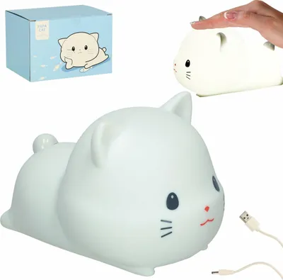 Obrázok produktu pre Detská silikónová dotyková nočná LED lampička USB, nabíjateľná, biela s ležiacim mačiatkom